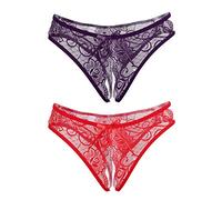 Generic Sharplace 2 Pièces String Ouvert Transparent en Dentelle Tour Taille 60-80cm Entrejambe Underwear Vêtement de Nuit - Rouge + Violet
