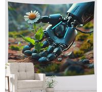 Generic Tapisserie une pièce fleur robot science et technologie plante campagne chalet 3D vert polyester décoratif toile de fond murale canapé bureau dortoir café tête de lit décoration de chambre à