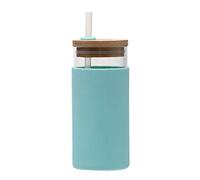 Generic Tasse en Verre de Paille Transparente de 550 Ml avec Couvercle en Bois, Bouteille D'eau en Verre, sans Odeur, sans Taches, Dégustation Propre, à Haute Teneur en Boro (bleu)