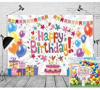 Generic Toile de fond « Happy Birthday », ballons colorés et bannière de table, 2,1 x 1,5 m, vinyle