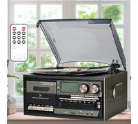Generic Tourne-disque vinyle 3 vitesses double haut-parleurs externes | Prend en charge Bluetooth, lecture CD, cassette cassette, radio AM/FM, enregistrement USB, style vintage, finition noire