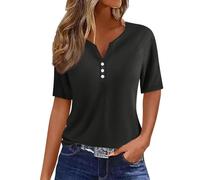 Generic Tunique Femme Grande Taille,Générique VêTements Femme Tenue De Sport Femme Chemisier T-Shirt Femme Imprimé Bouton Manches Col en V Haut Et Blouse Femme Chic Et Élégant(Black,L)