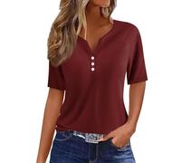 Generic Tunique Femme Grande Taille,Générique VêTements Femme Tenue De Sport Femme Chemisier T-Shirt Femme Imprimé Bouton Manches Col en V Haut Et Blouse Femme Chic Et Élégant(Deep Red,L)
