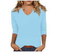 Generic Vente Flash du Jour Et Soldes,Haut Femme Chic Et Elegant Tee Shirt Femme Manche 3/4 Chemisiers Et Blouses Femme Vêtements Femme Grande Taille Été Col en V à De Couleur Unie Top(Blue,M)