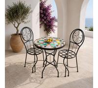 Generico 2306261211 Table en fer forgé avec mosaïque multicolore en pierre naturelle + 2 chaises faites à la main pour intérieur et extérieur