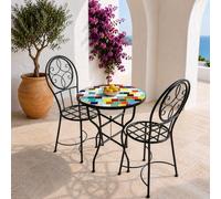Generico 2306261212 Table en fer forgé avec mosaïque multicolore en pierre naturelle + 2 chaises faites à la main pour intérieur et extérieur