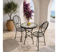 Generico 2306261213 Table en fer forgé avec mosaïque multicolore en pierre naturelle + 2 chaises faites à la main pour intérieur et extérieur