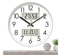 Generico Applique murale silencieuse sans tic-tac - Élégante et ronde éclairée avec calendrier, température et humidité - Veilleuse murale avec affichage numérique de grands dimensions