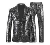 Genérico Blazer de fête à paillettes brillantes pour homme avec visage élégant en satin et paillettes imprimées florales, Noir , M