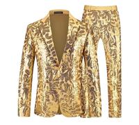 Genérico Blazer de fête à paillettes brillantes pour homme avec visage élégant en satin et paillettes imprimées florales, Doré, L