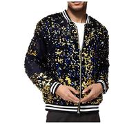 Genérico Blouson bomber pour homme avec paillettes, manteau métallique avec fermeture éclair, blouson disco et carnaval court Vêtements de club Veste de pilote brillante, Noir , XL