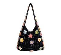 Genérico Boho Bag, Handmade Knit Flower Handbag, Handmade Crochet Flower Tote - for Summer Beach Vacation Dating Commuting Music Festival Birthday Girls Lady, noir, Consulte la descripción