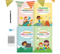 Generico Carnet magique d'écriture - Lot de 4 cahiers réutilisables avec pages cannelées pour détartrer | Entraînement contrôle stylo 3-8 ans | Set préscolaire d'écriture avec stylo