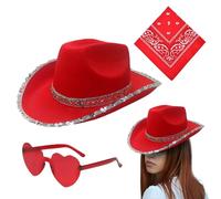 Genérico Chapeaux bling pour femme, chapeaux de cowgirl pour femme | Chapeau tendance avec lunettes en forme de cœur et foulard | 3 pièces de costumes de fête de carnaval pour femmes et filles.