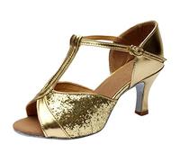 Genérico Chaussures de danse latine pour femme, chaussures de danse professionnelle pour pratique de la performance, chaussures latines à paillettes talon haut, salsa, tango, valse pour fêtes, or, 37