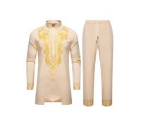 Generico Combinaison Africaine Dashiki pour Hommes Ensemble de Deux Pièces Traditionnel Tribal Robes Manches Longues Chemise et Pantalon Musulman Arabe Moyen-Orient Robe à Manches Longues Islamique