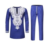 Generico Combinaison Arabe Moyen-Orient pour Homme Robe Traditionnelle Africaine pour Homme avec Pantalon Complet Homme Deux Pièces Style Ethnique Costume Médiéval et Renaissance Combinaison, bleu