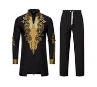 Generico Combinaison Homme Complète De Style Africain Robe Traditionnelle Africaine pour Homme avec Pantalon Complet Combinaison Arabe avec Broderies Dorées et Col Haut Costume de Style Ethnique, Noir