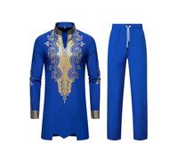 Generico Combinaison Homme Complète De Style Africain Robe Traditionnelle Africaine pour Homme avec Pantalon Complet Combinaison Arabe avec Broderies Dorées et Col Haut Costume de Style Ethnique, bleu