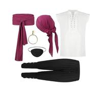 Genérico Costume de pirate - Costume de cosplay Renaissance avec chemise, pantalon, ceinture, bandana, boucles d'oreilles avec patchs, costume de pirate pour déguisement, c