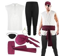 Genérico Costume de pirate médiéval Renaissance pour homme 6 pièces avec écharpe, pantalon et accessoires pour Halloween, carnaval et cosplay avec mouchoir, ceinture
