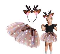 Generico Costume de renne de Noël lumineux pour fille | Set de tutu avec LED et diadème | Idéal pour la tenue de Noël et les fêtes | Robe princesse avec cornes éclairées | tailles 2-12 ans, Light