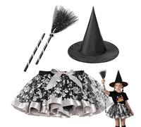 Genérico Costume de sorcière pour filles - Accessoires de déguisement avec chapeau balai jupe pour Halloween, rôle, photographie, cosplay, fête