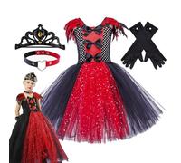 Generico Costume de vampire pour fille, Costume de vampire pour fille - Robe gothique d'Halloween pour filles - Robe gothique en tulle d'Halloween de 2 à 12 ans avec couronne, gants et collier