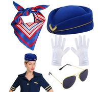 Generico Costume d'hôtesse - Chapeau d'assistant de vol | gants, écharpe en satin, lunettes de soleil cosplay de rôle adapté à les âges, femmes et occasions