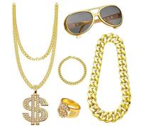 Generico Costume hip hop pour homme - 5 pièces/set kit de costume hip hop | fausse chaîne en or, bracelet, collier signe de dollar faux, anneau, lunettes de fête disco rap