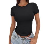 Generico Crop manches courtes pour femme, col rond, style Y2K, maillot moulant doux, utilisable comme couche intérieure pour l'entraînement et les soirées à l'extérieur
