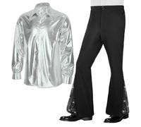 Genérico Déguisement de discothèque des années 70 pour homme - Déguisement de fièvre nocturne comprenant une chemise à volants et un pantalon - Chemise disco et accrocheuse avec pantalon évasé
