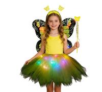Genérico Déguisement pour filles - Robe en tulle avec lumières LED et ailes serre-tête et magique, pour anniversaire, festival, Halloween, Noël et spectacles pour