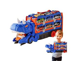 Genérico Dinosaur Truck That Eats Car- 15,75 x 6,69 x 4,13 pouces Pliable Dinosaur Vehicle Toy Carrier, Transforming Playset with 18-Car Hauler Race Track | Tyrannosaurus Rex Eating Track Toy For
