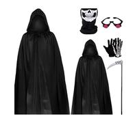 Genérico Dispersion Halloween - Cape noire de 5 pièces avec gants squelette, faux et masque rouge vif | Polyvalent pour les adolescents et les adultes, cosplay parfait, fêtes à thème,
