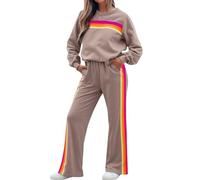 Genérico Ensemble 2 pièces pour femme avec rayures arc-en-ciel, sweat taille haute et pantalon de survêtement, kaki, M