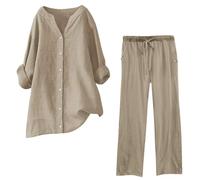 Generico Ensemble de Lin Femmes 2 Pièces Pantalon Long D'été Combinaison Élégante Ensemble Décontracté Été Chemise et Pantalon Coton Complet Léger Confortable Combinaisons Curvy Grande Taille, 01#kaki