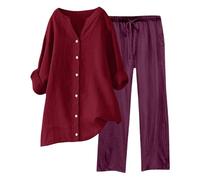 Generico Ensemble de Lin Femmes 2 Pièces Pantalon Long D'été Combinaison Élégante Ensemble Décontracté Été Chemise et Pantalon Coton Complet Léger Confortable Combinaisons Curvy Grande Taille, 03