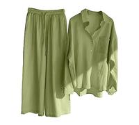 Generico Ensemble de Lin Femmes 2 Pièces Pantalon Long D'été Combinaison Élégante Ensemble Décontracté Été Chemise et Pantalon Coton Complet Léger Confortable Combinaisons Curvy Grande Taille, 04#ag