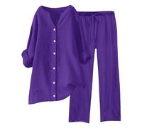 Generico Ensemble de Lin Femmes 2 Pièces Pantalon Long D'été Combinaison Élégante Ensemble Décontracté Été Chemise et Pantalon Coton Complet Léger Confortable Combinaisons Curvy Grande Taille,