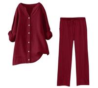 Generico Ensemble de Lin Femmes 2 Pièces Pantalon Long D'été Combinaison Élégante Ensemble Décontracté Été Chemise et Pantalon Coton Complet Léger Confortable Combinaisons Curvy Grande Taille, 01#vin