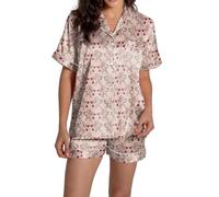 Genérico Ensemble de pyjama pour femme avec joli motif de singe en forme de cœur et chemise à boutons à manches courtes en velours, beige, XL