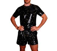 Genérico Ensemble de shorts métalliques brillants avec paillettes T-shirt métallique brillant pour homme, chemise unie dorée et argentée pour discothèque, fête de bronzage, Noir , XXL