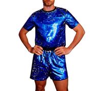 Genérico Ensemble de shorts métalliques brillants avec paillettes T-shirt métallique brillant pour homme, chemise unie dorée et argentée pour discothèque, fête de bronzage, bleu, L