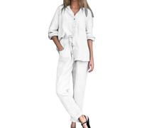 Generico Ensemble femme d'été longue combinaison en lin et coton deux pièces couleur unie blouse + pantalon avec cordon de serrage baggy set grande taille doux complet léger pour printemps, été, Blanc