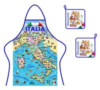 Generico Ensemble tablier + 2 maniques tissu coton monuments italiens produits italiens, bleu, M