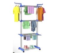 Generico Étendoir à linge pliable en acier inoxydable et plastique - Gain de place vertical avec 6 roues, crochets et 4 étagères réglables - 168 x 54 x 68 cm - Argent bleu - Pour intérieur