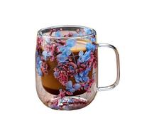 Generico Floral Double Mug, Insulated Glass Teacup Handle, 450 ml Capacity with Heat Retention, Clear Borosilicate Drinkware, Coffee Cup with Transparent Design, Boisson Serving for Home Picnic