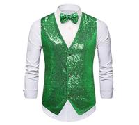 Genérico Gilet de costume pour homme Gilet brillant avec ensemble cravate nœud papillon Sans manches Blazer à paillettes Veste à sequins Élégant déguisement de carnaval pour mariage fête, vert, XL