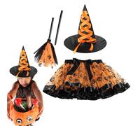 Genérico Hexen-Outfit Für Mädchen Mit Hexenkostüm Mit Hexenhut | Besen & Tutu-Rock | Süßes Kinderkostüm for Karneval, Rollenspiel & Halloween-Partys, Verkleidung Für Mädchen